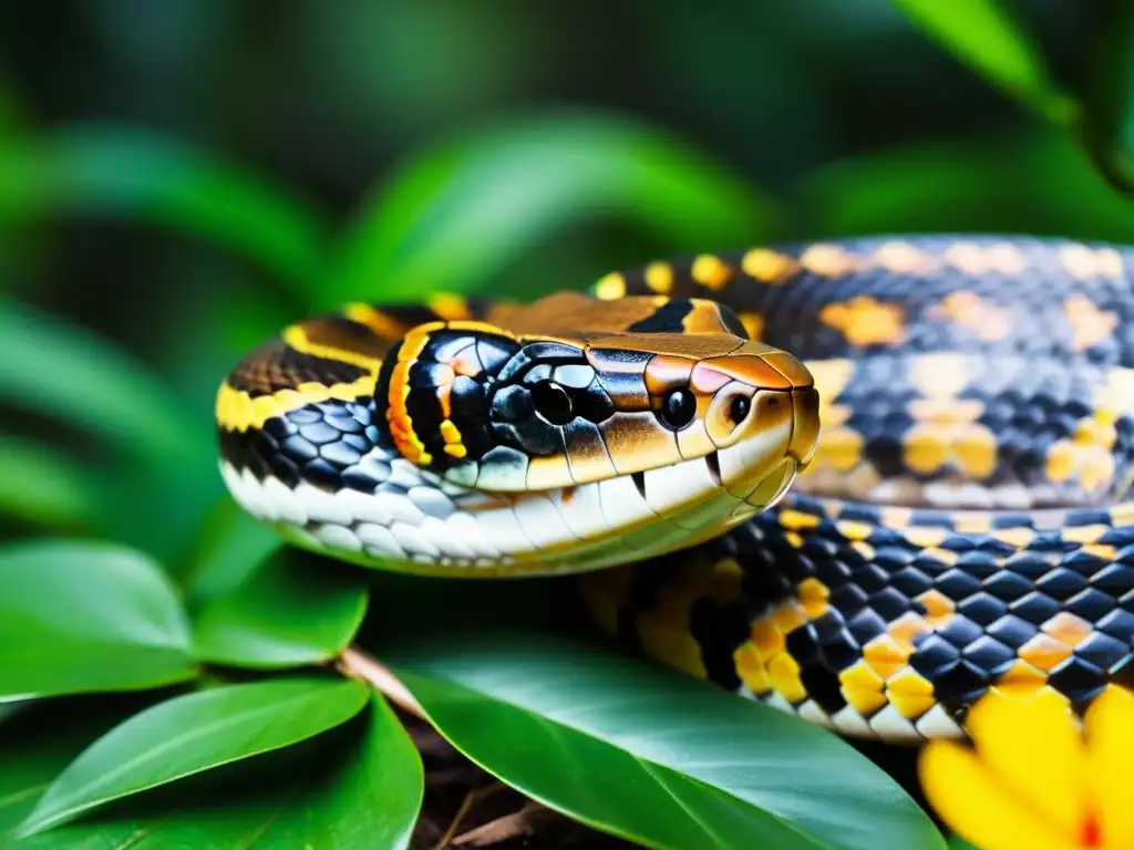 Una serpiente venenosa se desliza entre la densa maleza de la selva tropical, sus escamas brillan bajo la luz del sol