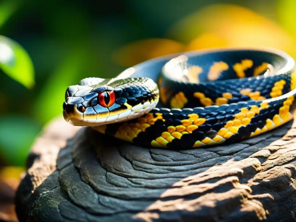 Una serpiente venenosa enroscada en una roca, con patrón de escamas detallado