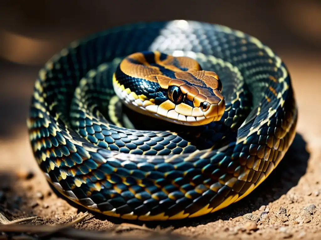 Una serpiente venenosa, con escamas y colmillos visibles, lista para atacar