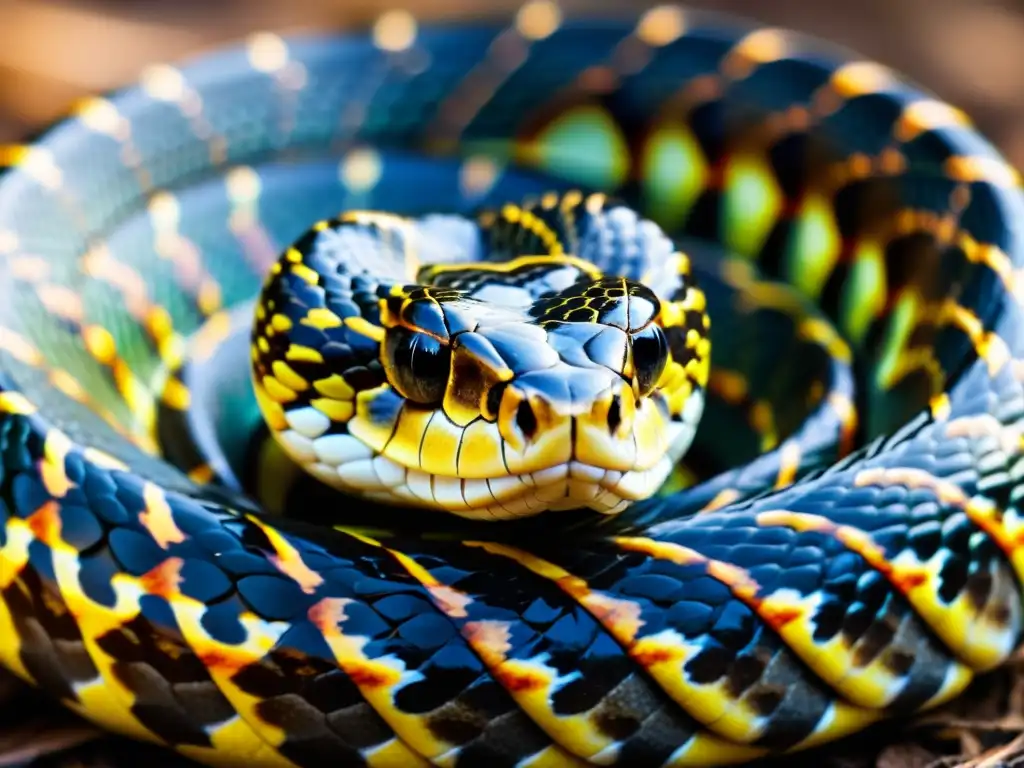 Una serpiente venenosa con escamas vibrantes y patrones intrincados, mostrando reacción ante encuentro serpientes venenosas