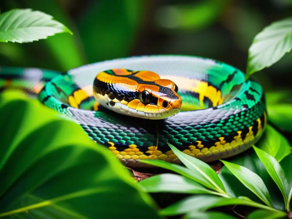 Una serpiente venenosa se desliza entre la exuberante selva, sus escamas brillantes capturan la luz del sol