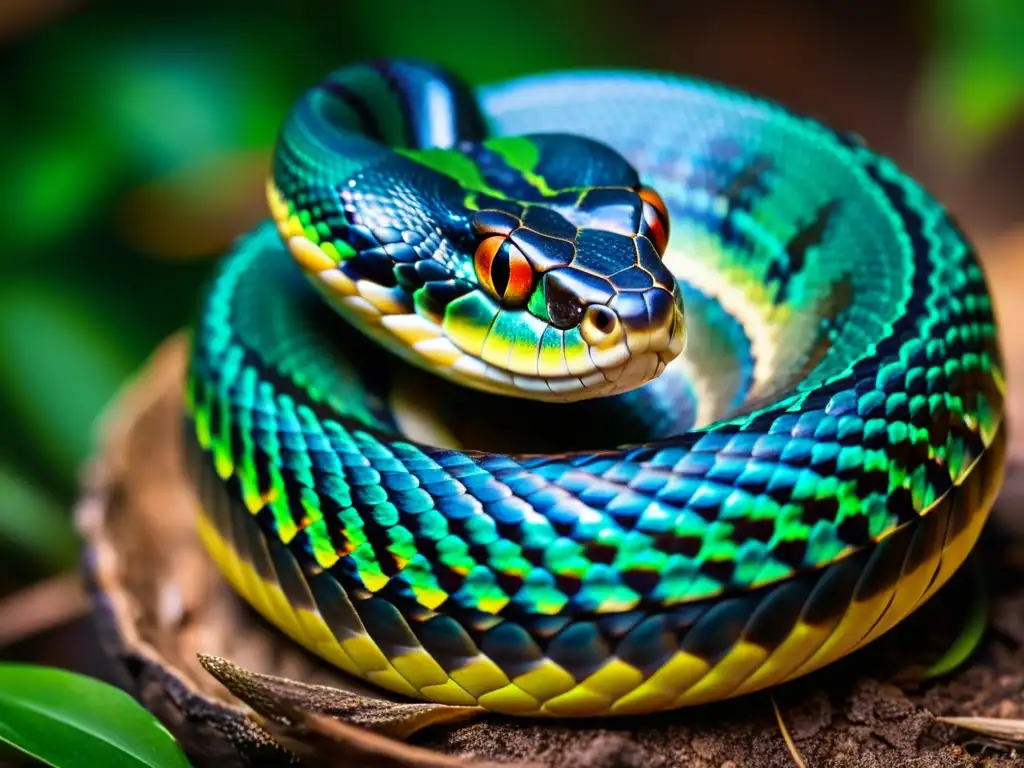 Una serpiente venenosa en su hábitat natural, mostrando sus patrones de escamas vibrantes