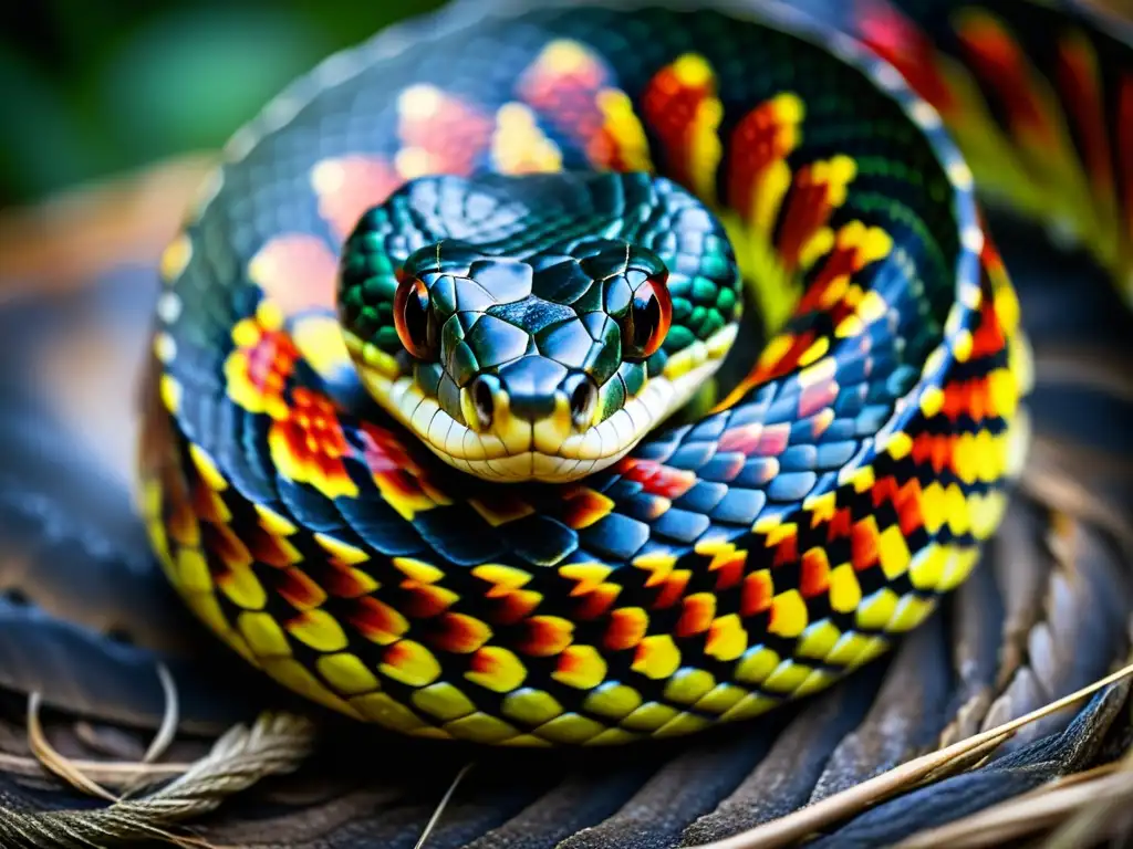 Una serpiente venenosa en su hábitat natural, con escamas vibrantes y un aura de peligro