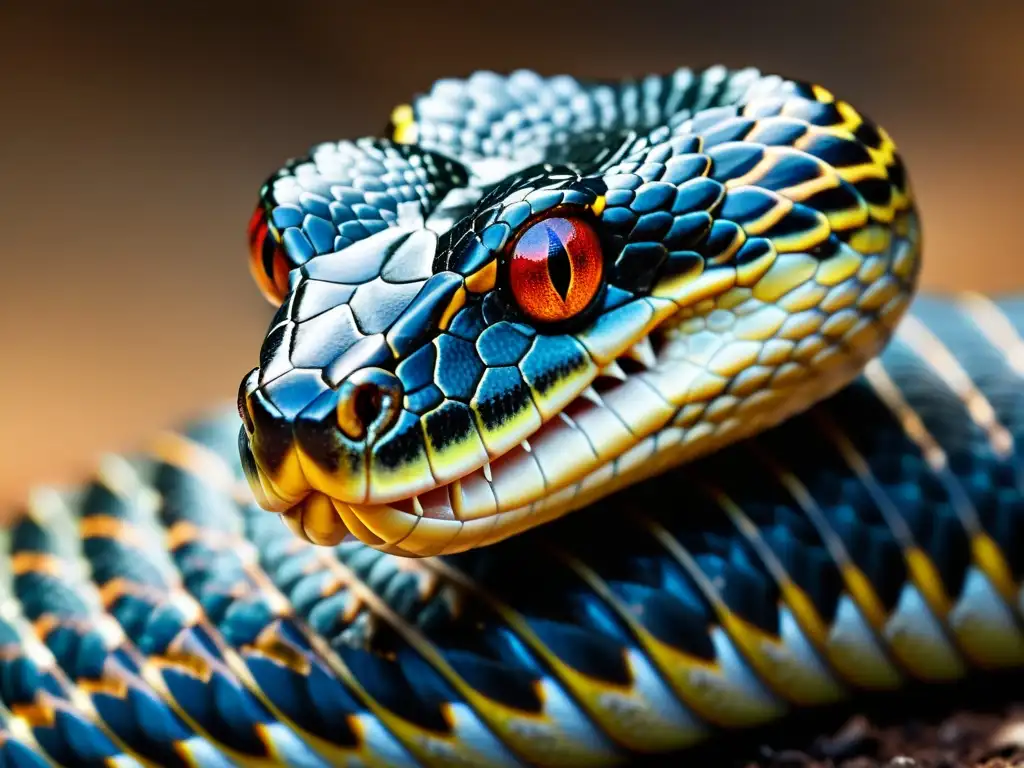 Una serpiente venenosa lista para atacar, con escamas coloridas y mirada amenazante, capturando la intensidad y peligro del veneno en la evolución de reptiles y anfibios