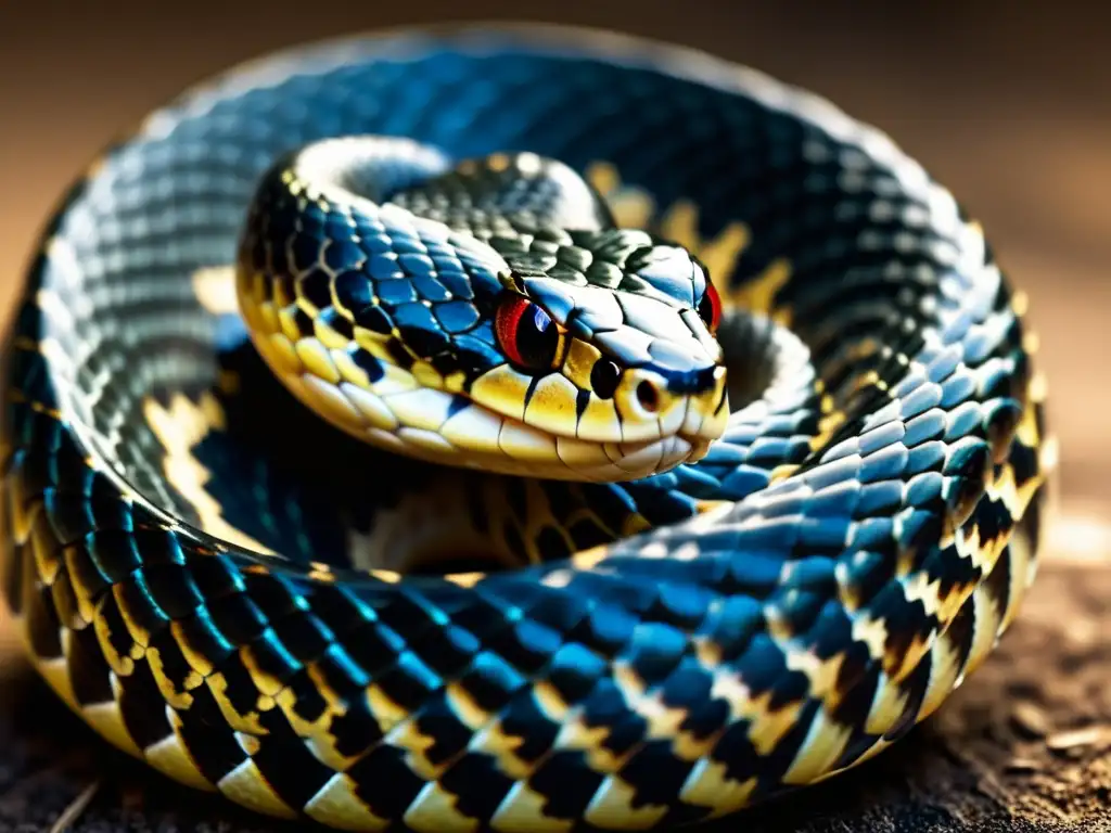 Una serpiente venenosa lista para atacar, con escamas detalladas y una gota de veneno en un colmillo