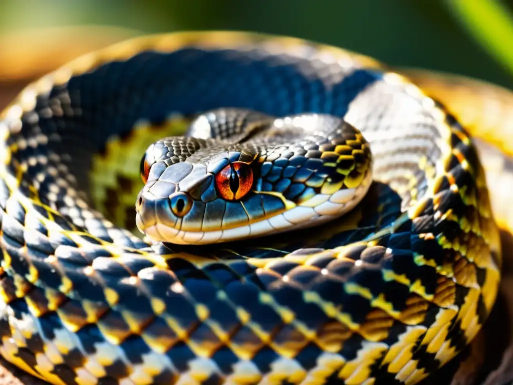 Una serpiente venenosa en primer plano, con escamas brillantes al sol y ojos intensos, transmite una sensación de peligro y misterio