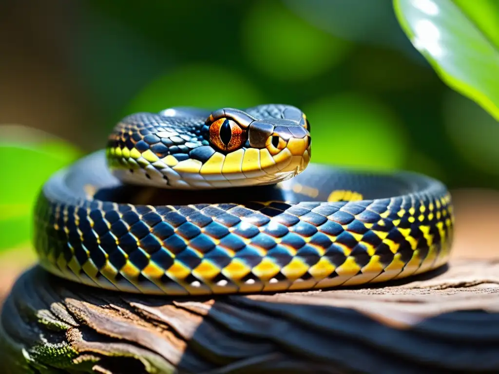 Una serpiente no venenosa se enrosca alrededor de una rama, mostrando sus patrones de escamas y ojos reflectantes bajo la luz del sol