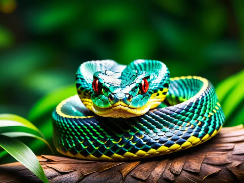 Una serpiente venenosa en la selva, con escamas vibrantes y ojos amenazantes