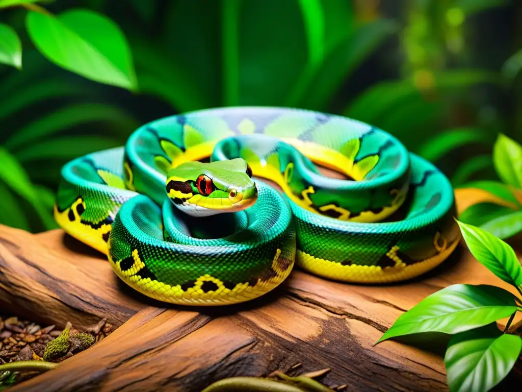 Un serpiente pitón verde se desliza en un bosque tropical, mostrando la aplicación de realidad aumentada en herpetología