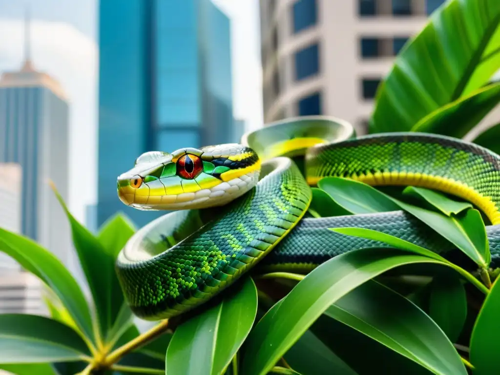 Una serpiente verde brillante se enrosca en una planta tropical en medio de la ciudad, ilustrando la conservación de serpientes en áreas urbanas