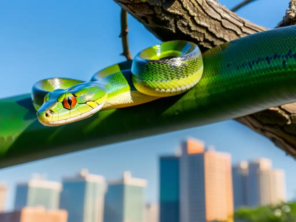 Conflicto Urbano: Serpiente Verde en Medio de la Ciudad Una serpiente verde brillante se enrosca en una rama, frente al conflicto entre desarrollo urbano y hábitats de reptiles