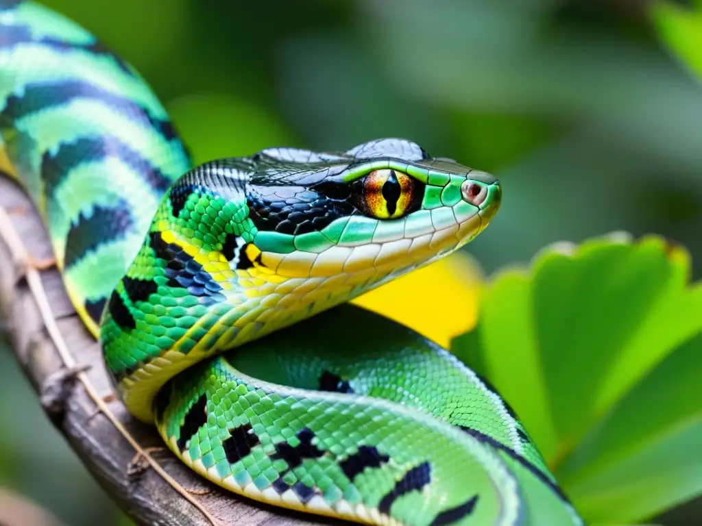 Una serpiente verde brillante se enrosca en una rama, camuflada entre las hojas