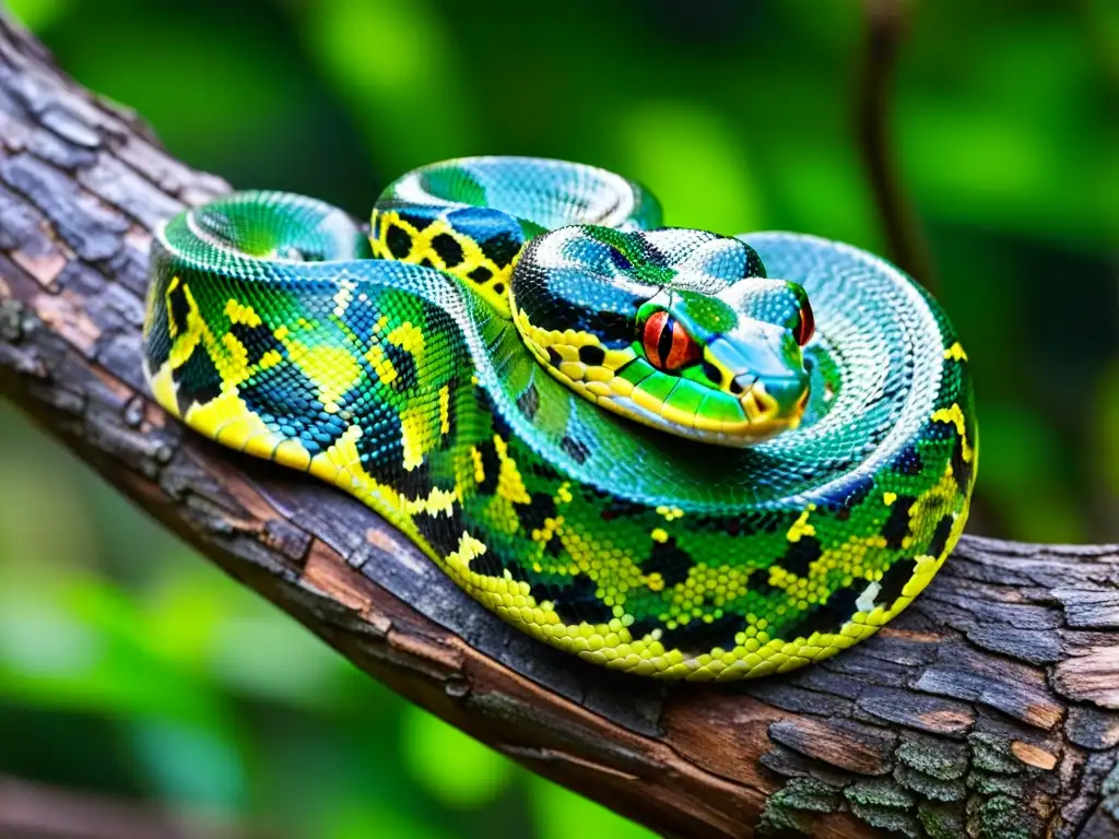 Una serpiente pitón verde brillante se enrosca alrededor de una rama en la selva