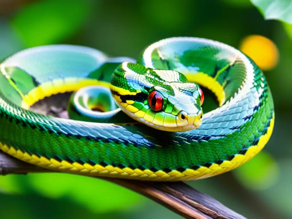 Una serpiente verde brillante se enrosca en una rama, con sus escamas reluciendo al sol y su lengua bifurcada asomando