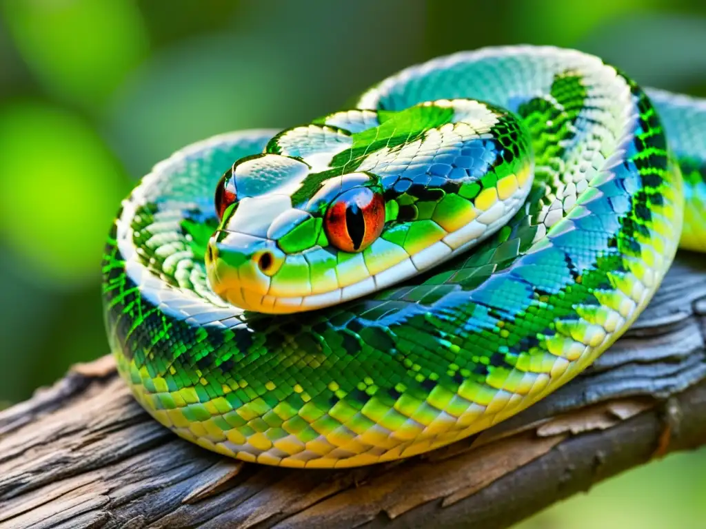 Una serpiente verde brillante se enrosca en una rama, con escamas relucientes al sol