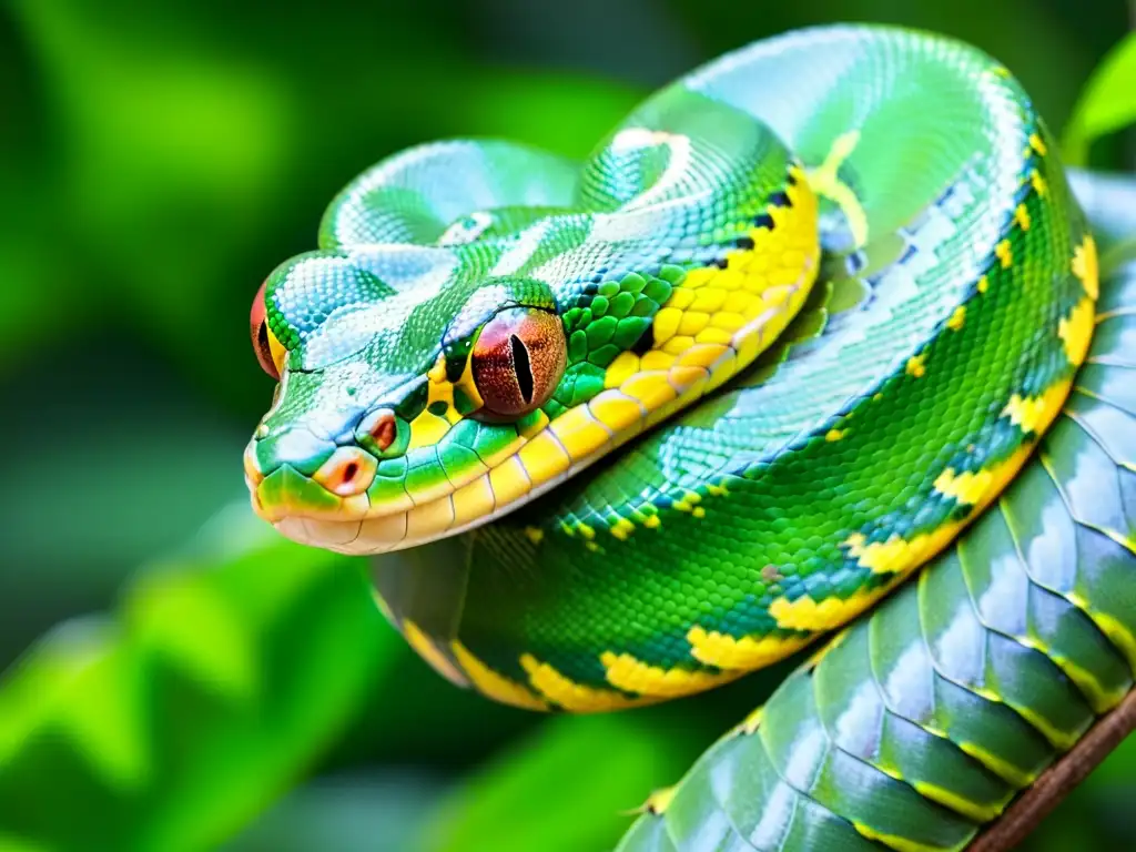 Una serpiente pitón verde enrollada en una rama, rodeada de exuberante vegetación