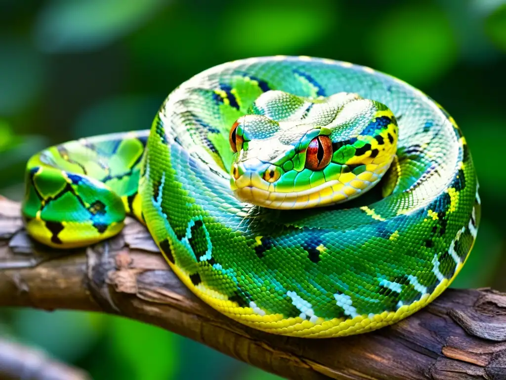 Una serpiente pitón verde enroscada en una rama, con escamas vibrantes y ojos rasgados