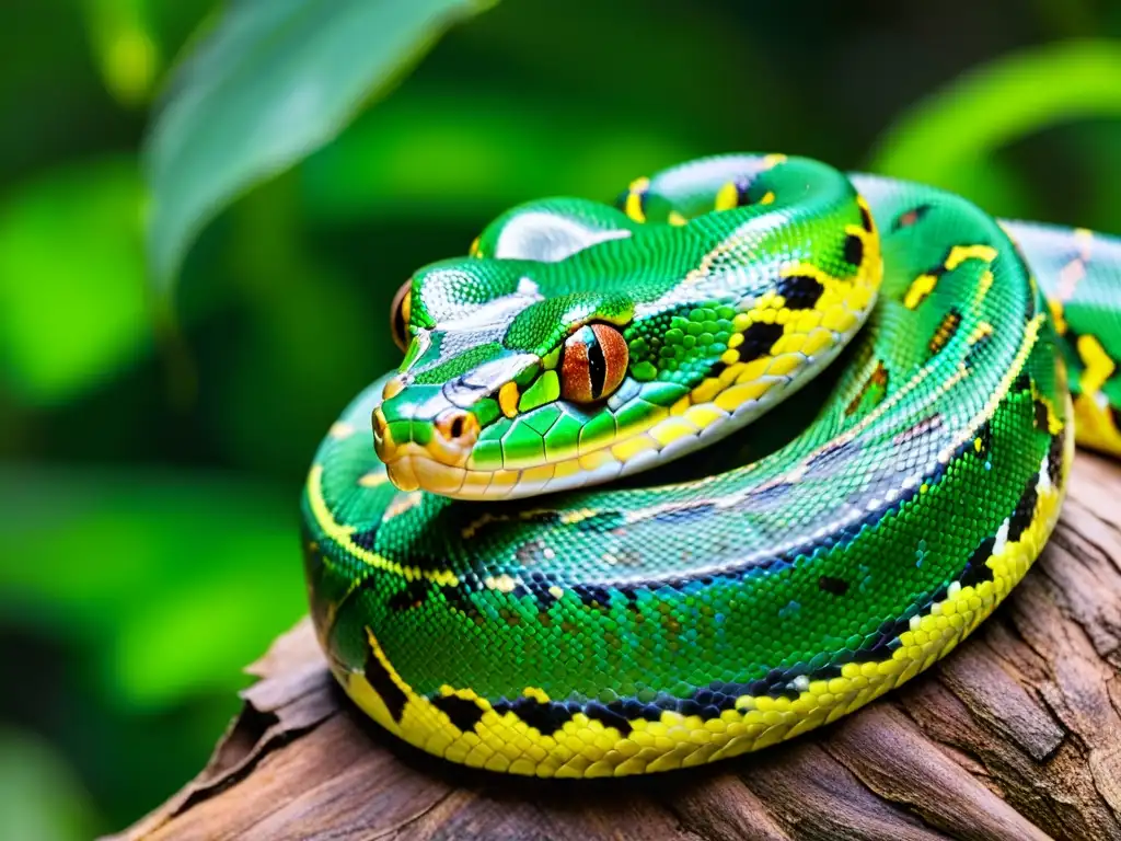 Espectacular pitón verde en la selva tropical Una serpiente pitón verde enroscada en una rama, bajo la luz del bosque tropical