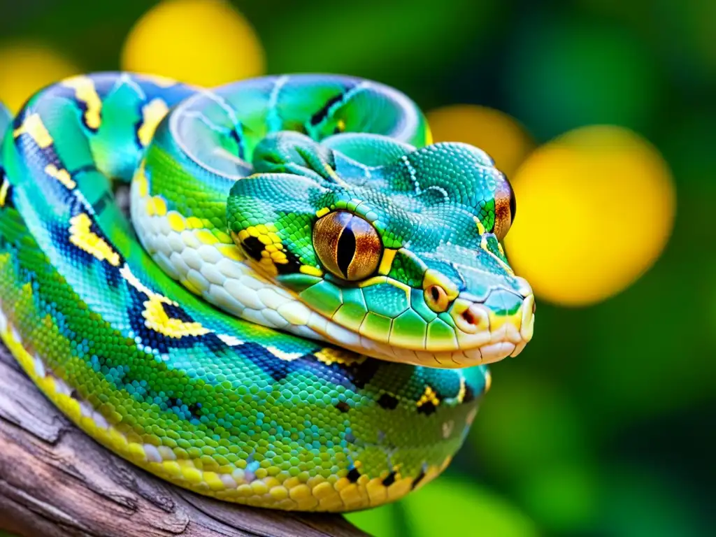 Una serpiente pitón verde enroscada en una rama, deslumbrando con sus escamas vibrantes y patrones intrincados