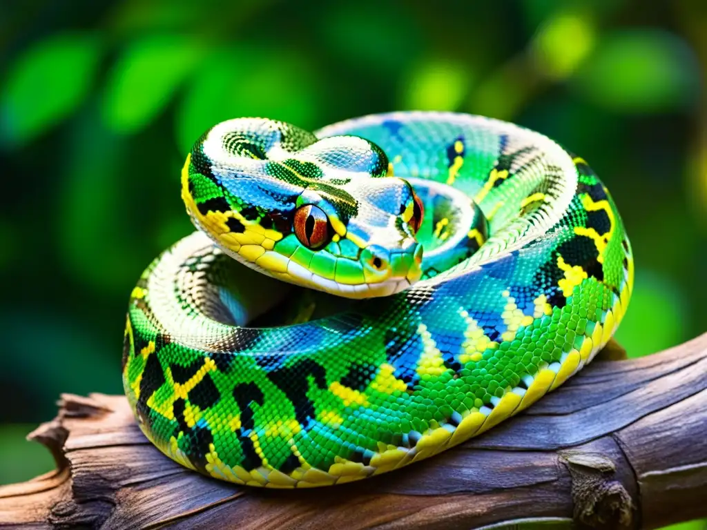 Una serpiente pitón verde enroscada en una rama, resplandeciendo bajo la luz del bosque tropical