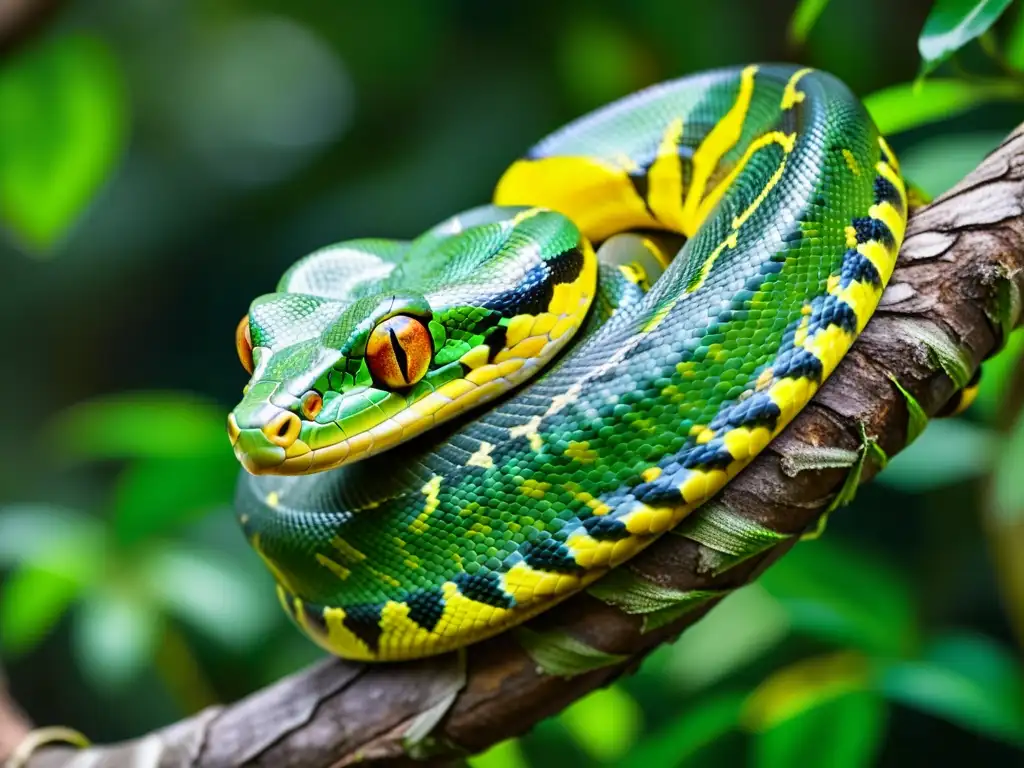 Una serpiente pitón verde enroscada en una rama, con escamas vibrantes y ojos amarillos hipnotizantes