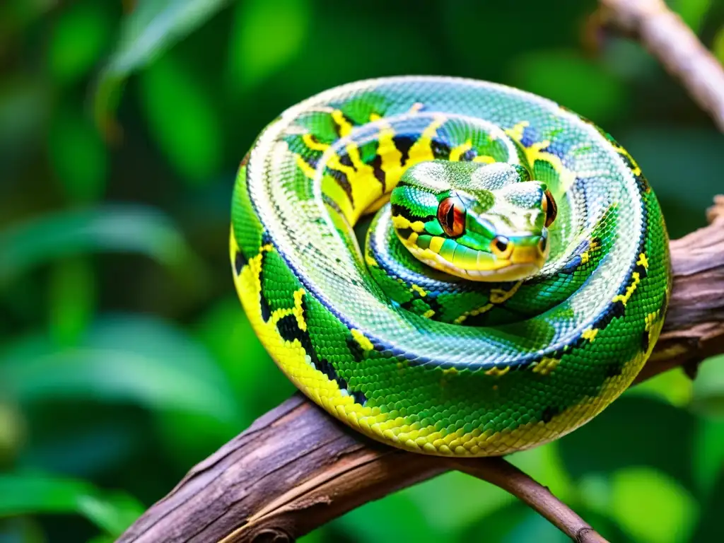 Una serpiente pitón verde enroscada en una rama, con escamas brillantes bajo la luz del bosque