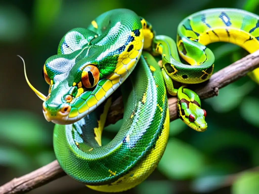 Una serpiente pitón verde enroscada alrededor de una rama, lista para cazar