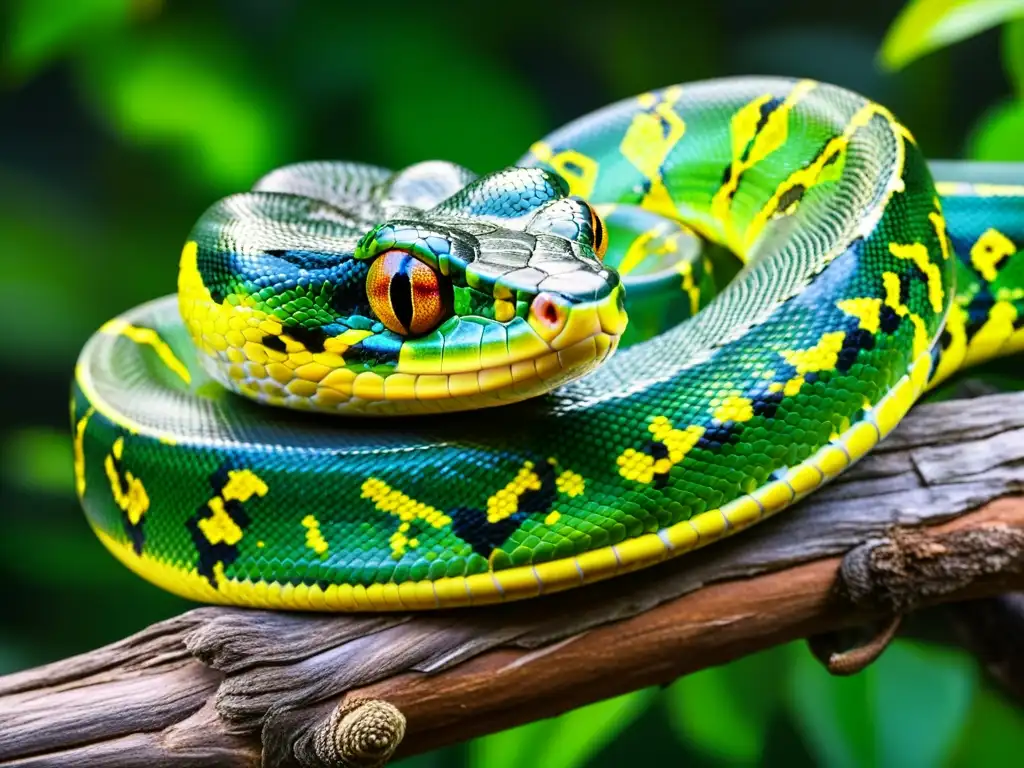 Una serpiente pitón verde enroscada en una rama, con escamas detalladas y ojos amarillos penetrantes