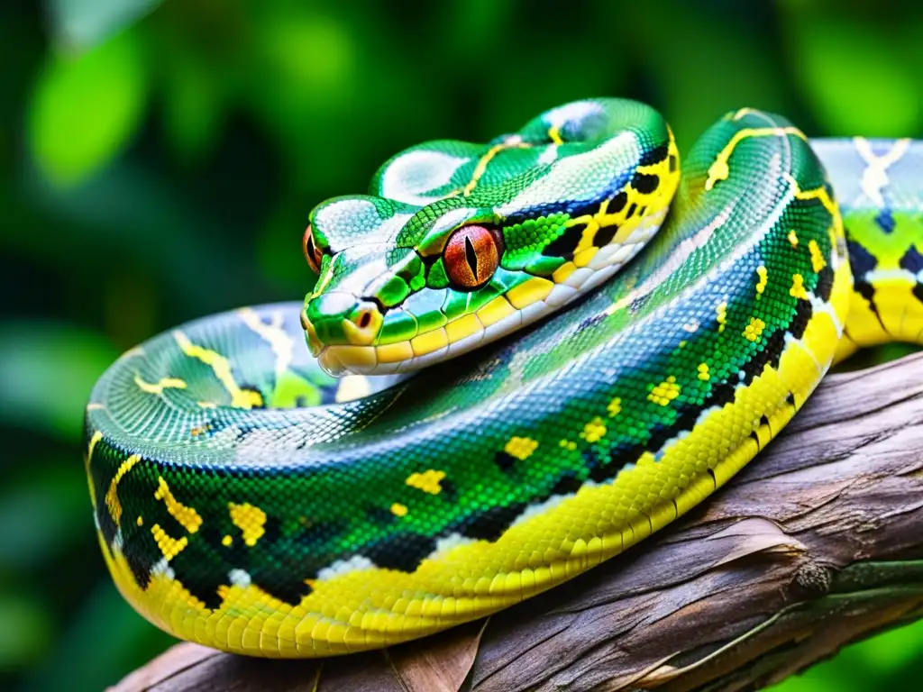 Una serpiente pitón verde enroscada en una rama en la exuberante selva tropical