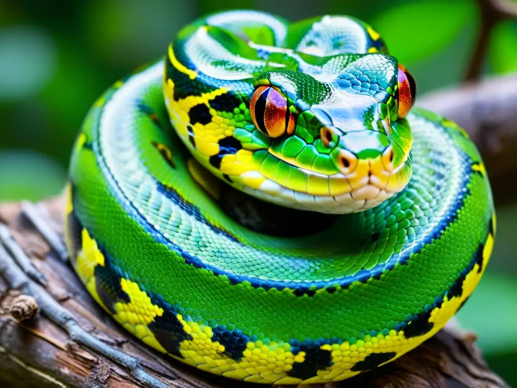 Una serpiente pitón verde enroscada en una rama, exhibiendo sus escamas vibrantes y patrón hipnotizante