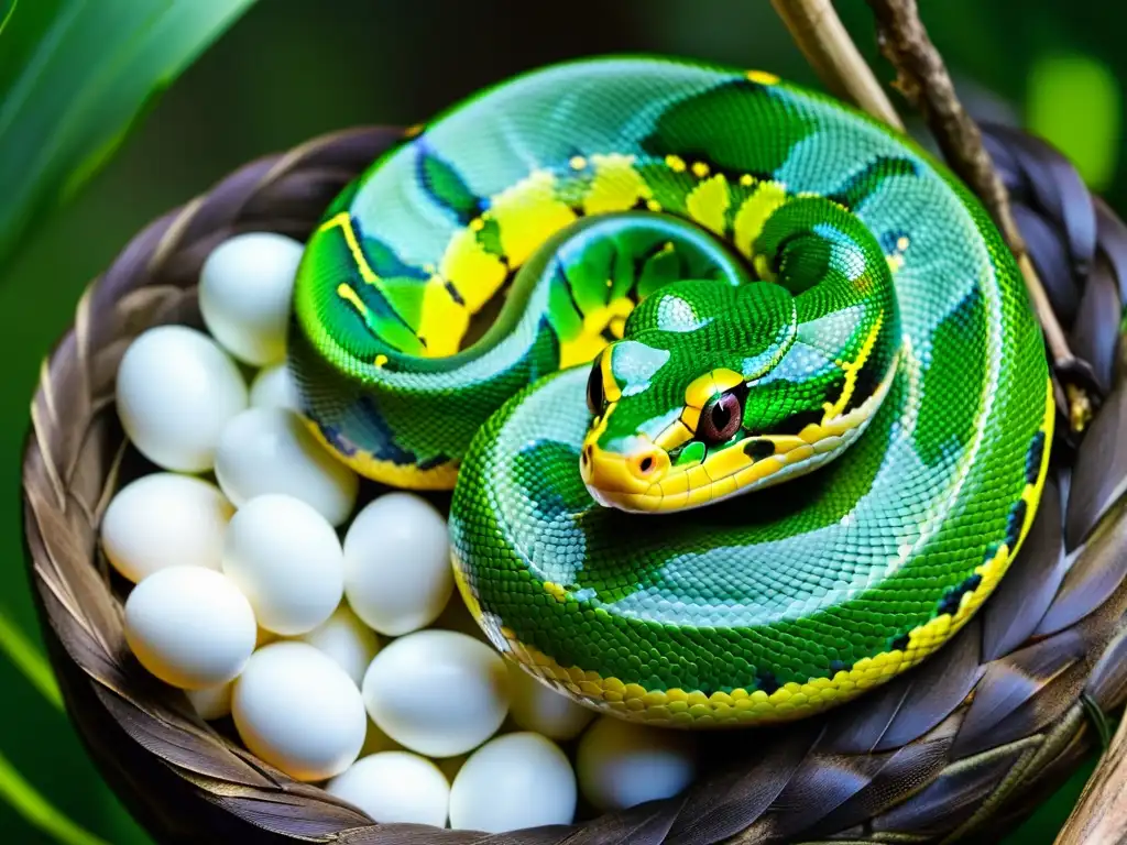 Una serpiente pitón verde envuelta alrededor de sus huevos, mostrando sus patrones y colores vibrantes