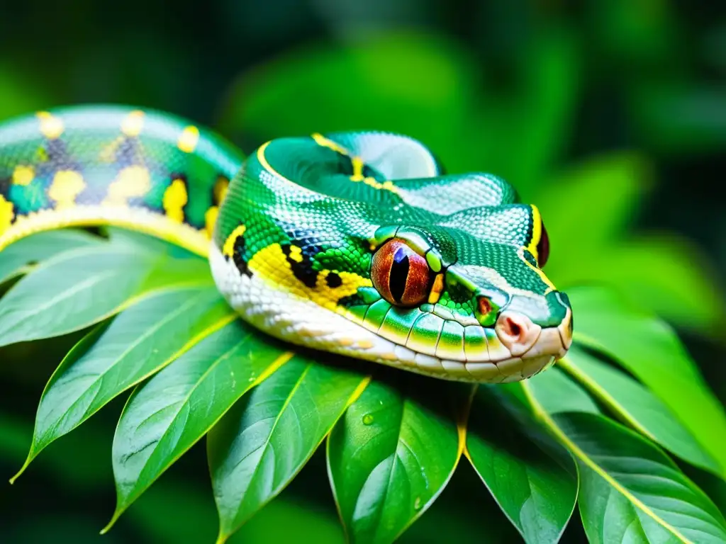 Una serpiente pitón verde estrategias hidratación reptiles anfibios bebe gotas de agua en la selva tropical, entre sombras y luz del sol