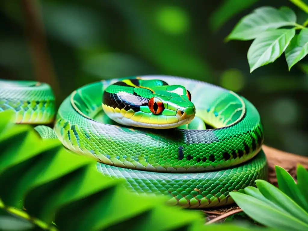 Una serpiente verde se desliza entre la exuberante maleza de la selva tropical, destacando su función en el ecosistema