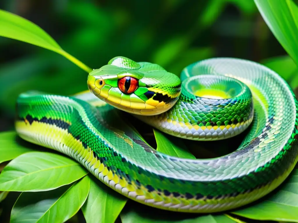Espectacular serpiente verde en la selva tropical Una serpiente verde serpenteando entre la exuberante vegetación de la selva tropical, capturando la belleza natural en alta tecnología de rastreo