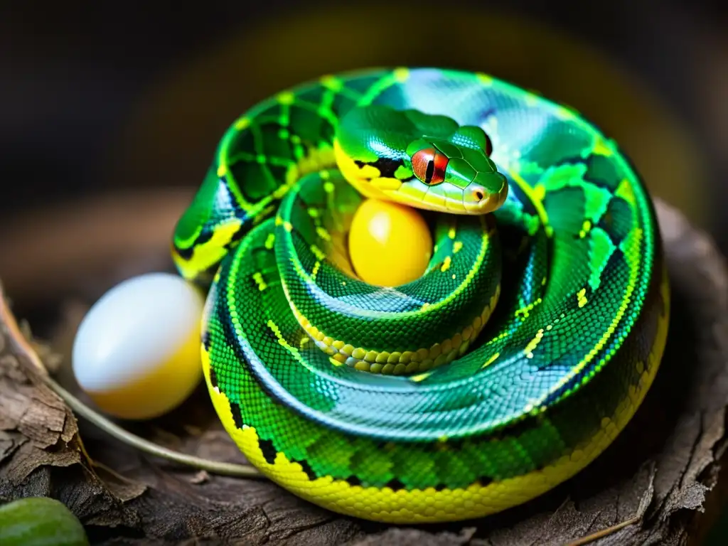 Una serpiente pitón verde femenina cuidando su nido de huevos con esmero, mostrando la intensa atención y cuidado parental en reptiles y anfibios