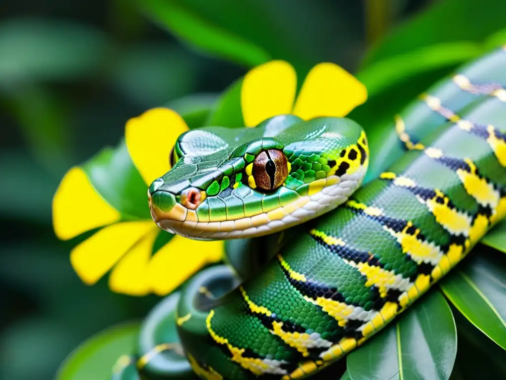 Una serpiente pitón verde en su hábitat natural, con escamas relucientes y ojos penetrantes