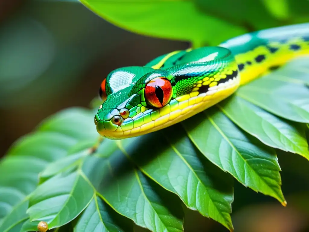 Una serpiente verde en su hábitat natural, camuflada entre hojas y ramas