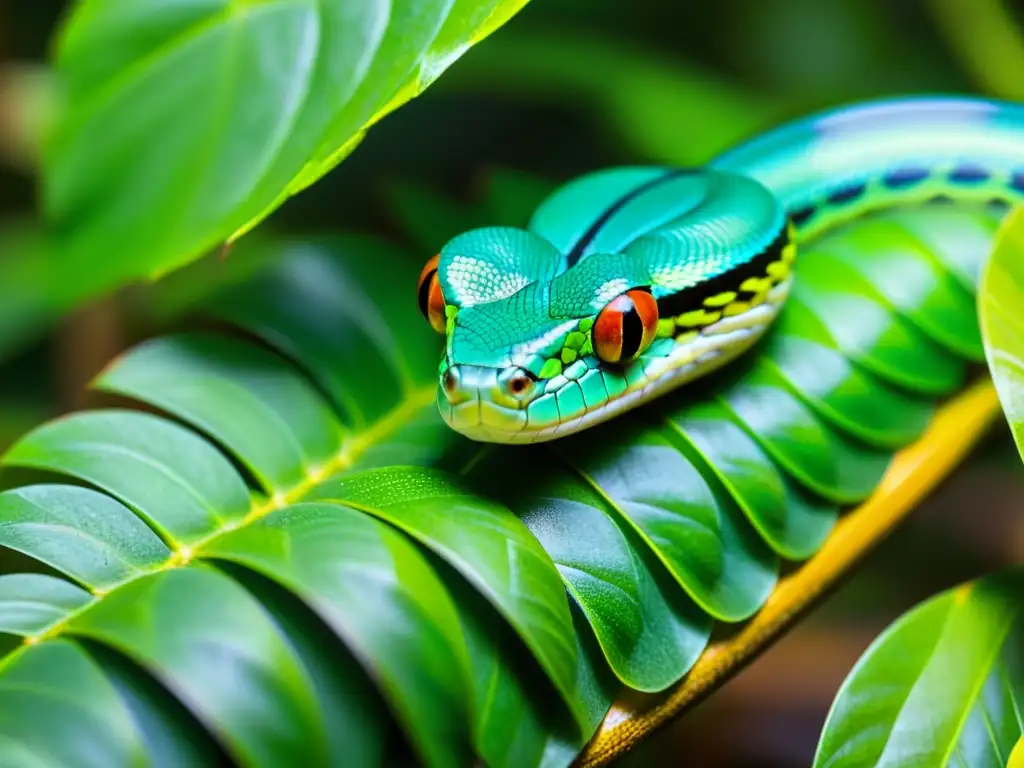 Una serpiente verde se enrosca entre las hojas de una planta tropical, mostrando la relación simbiótica entre reptiles y plantas en su hábitat natural