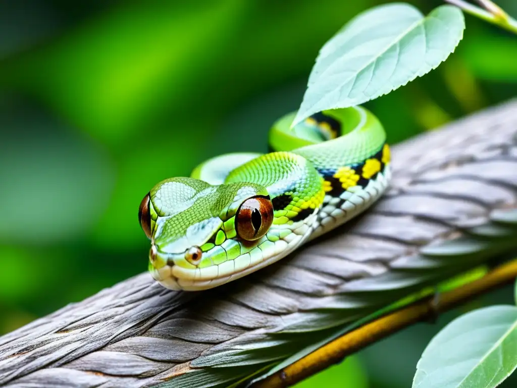 Una serpiente de vid verde se mimetiza perfectamente con las hojas y ramas del árbol