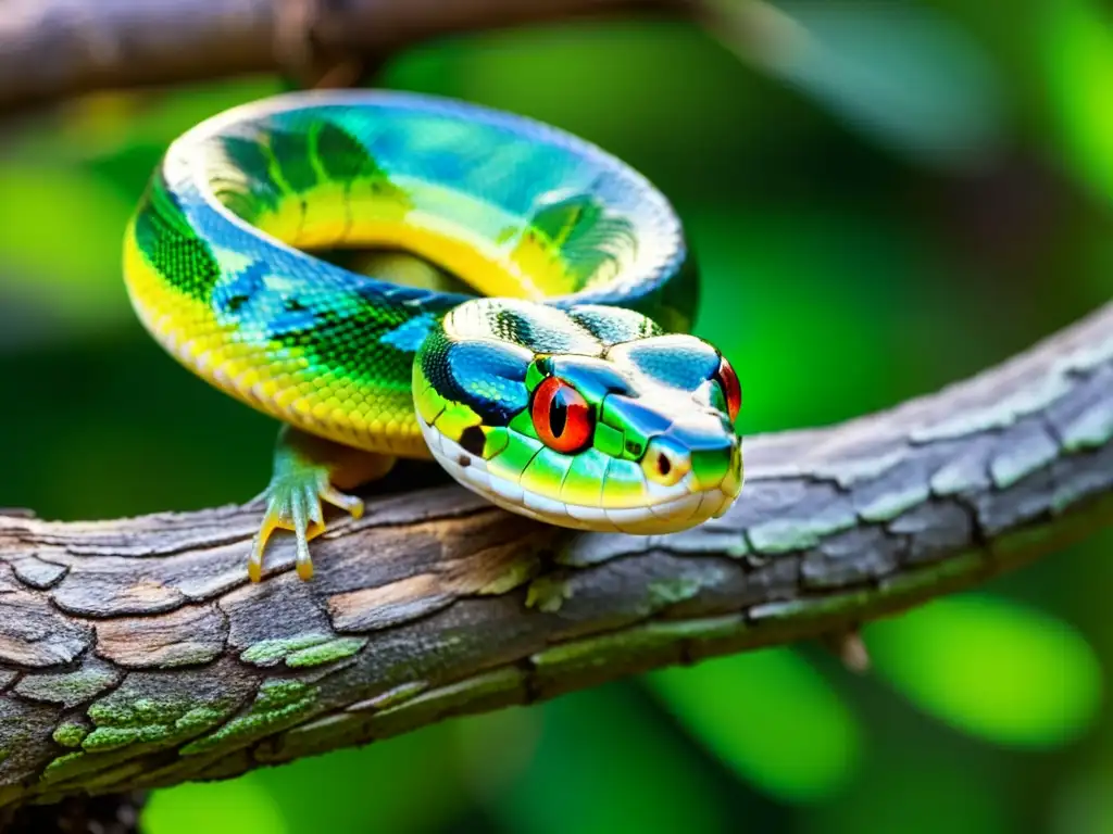 Una serpiente verde iridiscente enroscada en una rama, con escamas detalladas y ojos dorados