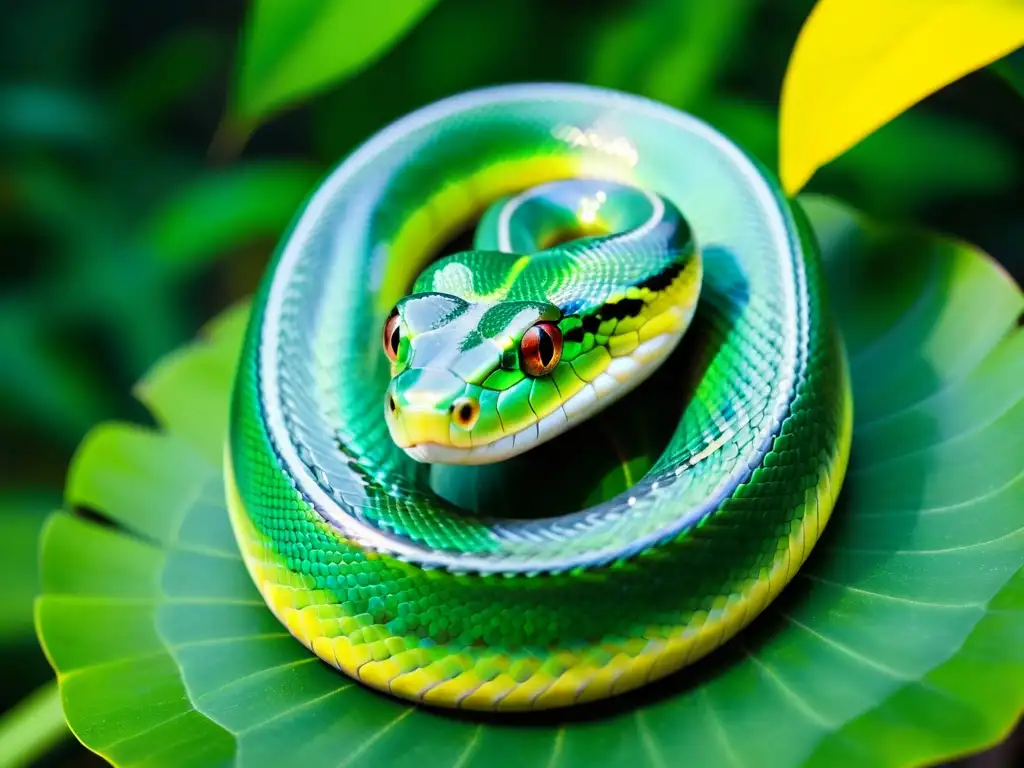 Una serpiente verde iridiscente se desliza entre la exuberante selva tropical