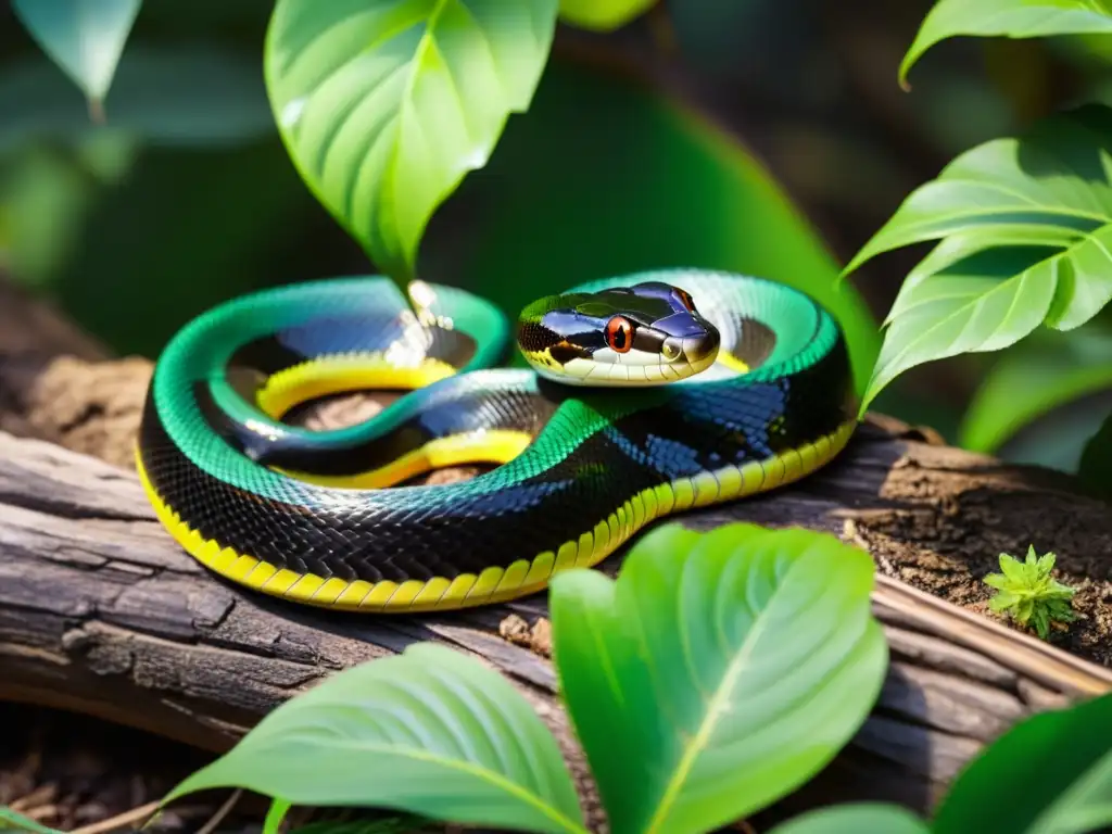 Una serpiente verde y negra se desliza entre la exuberante maleza, sus escamas brillan bajo el sol mientras se acerca a aves coloridas en una rama