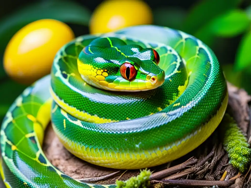 Una serpiente pitón verde hembra protege su nidada de huevos con cuidado parental en reptiles y anfibios en su hábitat natural de la selva