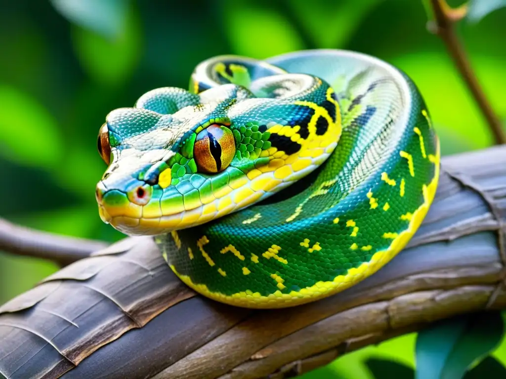 Una serpiente pitón verde se enrosca en una rama, mostrando sus escamas y ojos amarillos