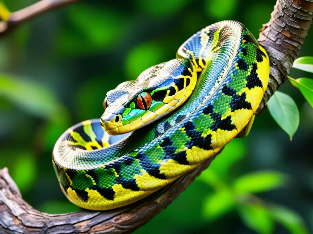 Una serpiente pitón verde se enrosca en una rama, mostrando sus escamas y ojos amarillos