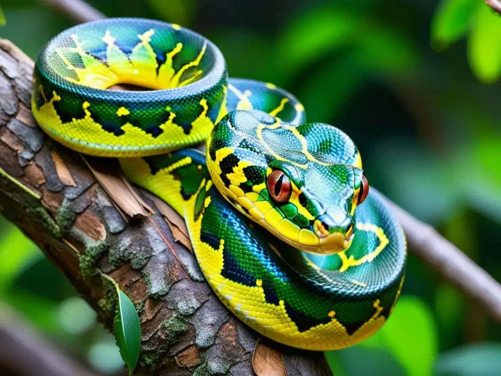 Una serpiente pitón verde descansa en una rama, mostrando sus escamas iridiscentes y ojos amarillos