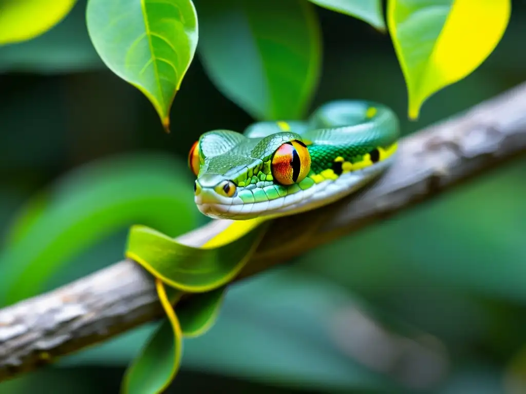 Una serpiente verde se enrosca alrededor de una rama, con escamas vibrantes y ojos amarillos penetrantes, en simbiosis en ecosistemas de reptiles