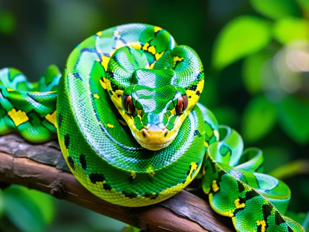 Una serpiente pitón verde se enrosca alrededor de una rama en la exuberante selva, exhibiciones interactivas educación ambiental