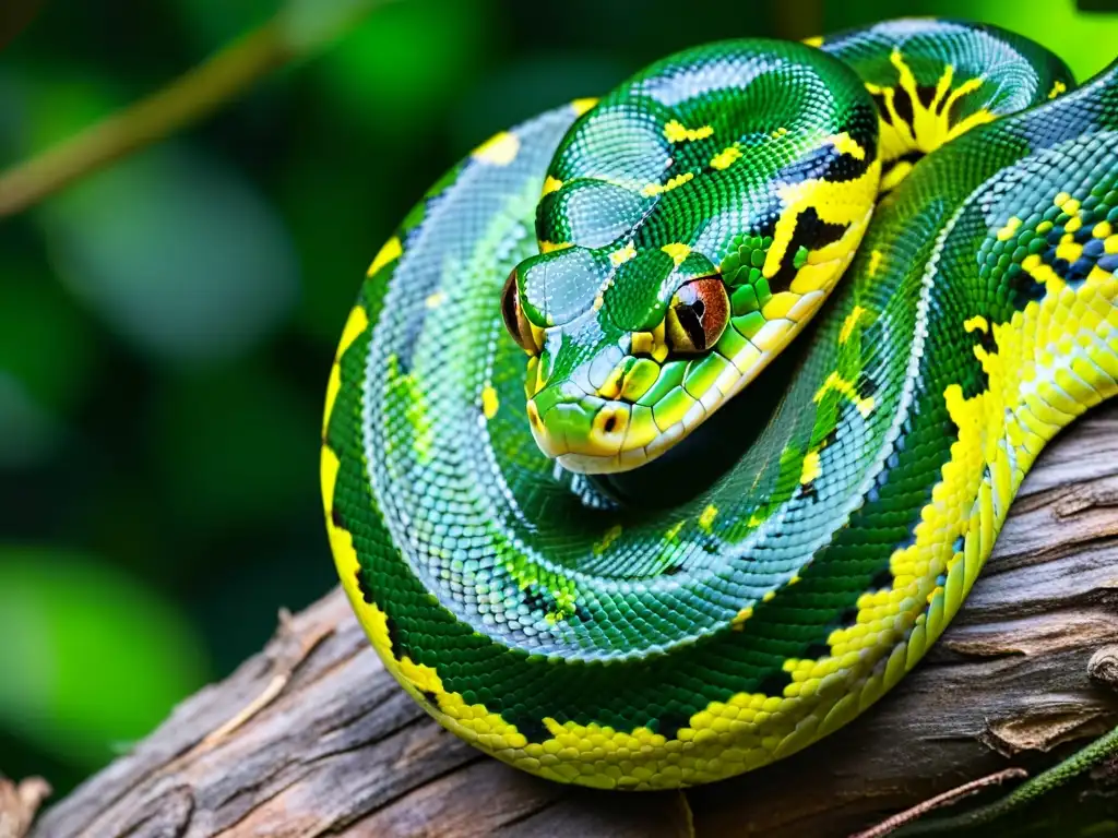 Una serpiente pitón verde descansando en una rama en la exuberante selva, resaltando en su hábitat natural