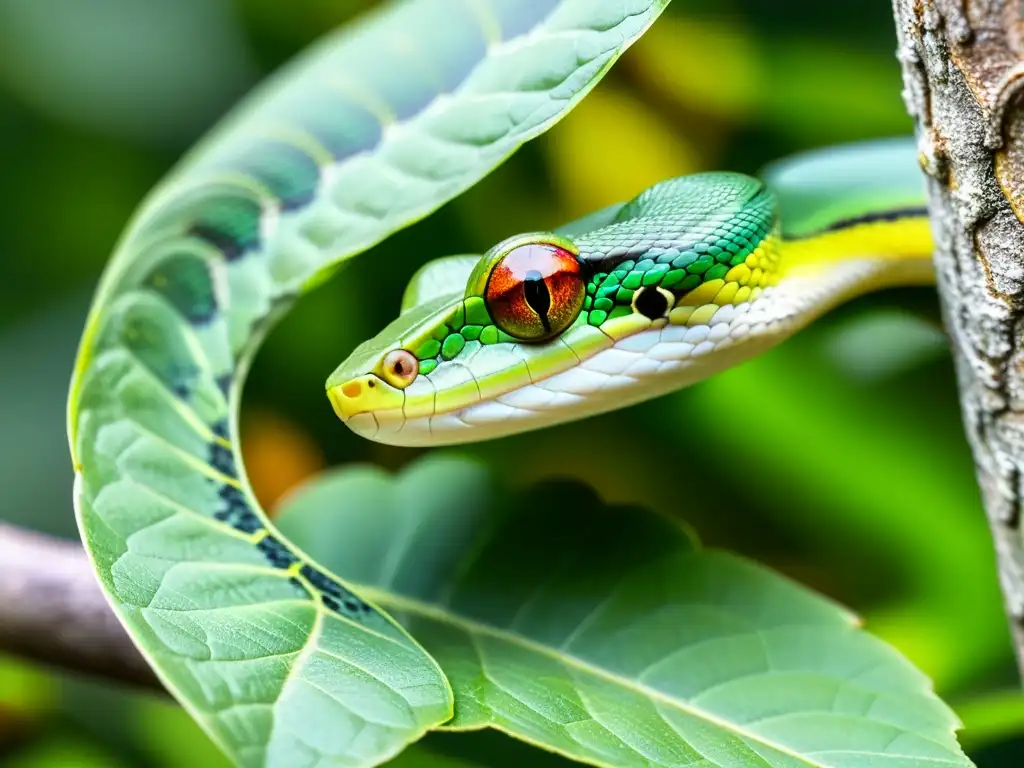 Una serpiente verde se camufla en una rama, observando a su presa